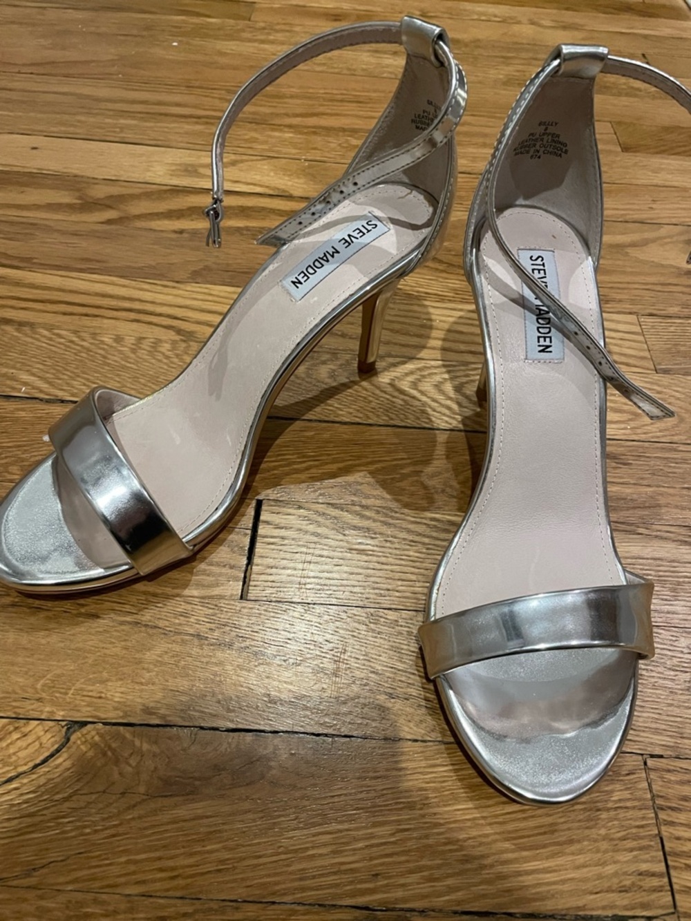 Steve Madden Style- Silly in Silver. Ankle-Strap Stiletto Sandals